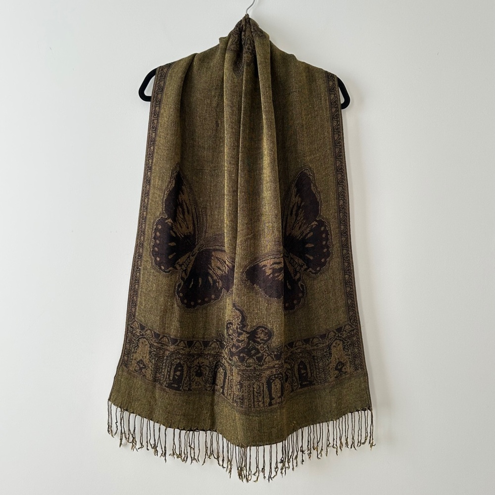 Reversible Butterfly Olive & Brown Scarf - Picture 1 of 16